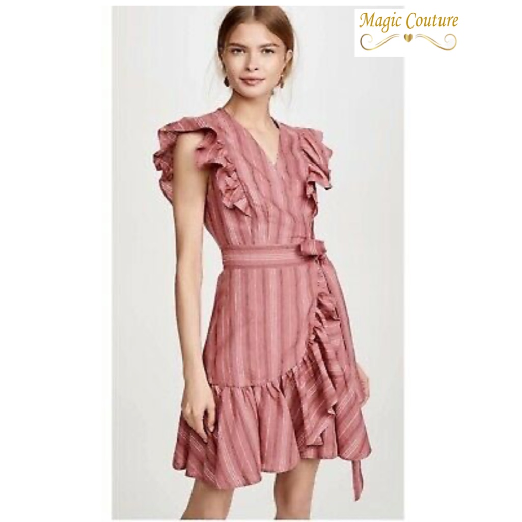 Nwt Rebecca Taylor Striped Ruffle Red Wrap Dress In Desert Rose